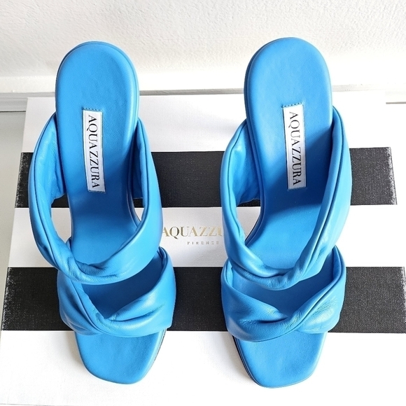 New Aquazzura Twist Leather 95mm Slip On Turquoise Mule Sandals 7.5 US - Picture 9 of 16